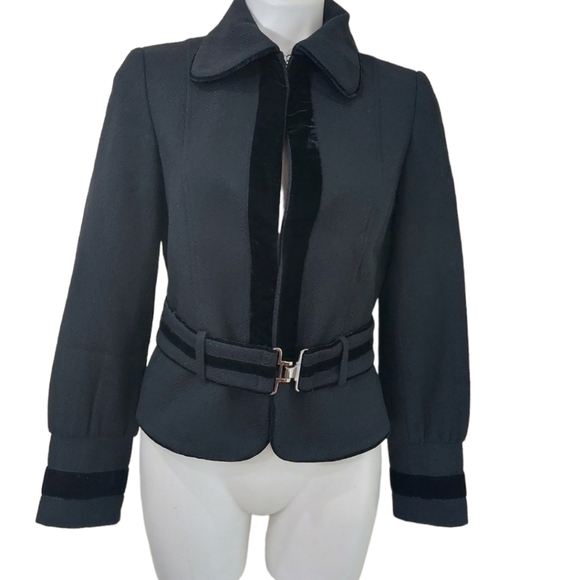 Zara Black Wool Blend Skirt Suit Belted Jacket Velvet Trim Sz Small - Picture 2 of 10